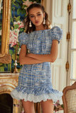 Blue Short Tweed Bodycon Bateau Homecoming Dress with Ruffles