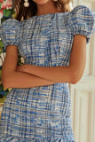 Blue Short Tweed Bodycon Bateau Homecoming Dress with Ruffles
