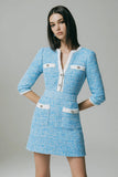 Tweed Bodycon V-Neck Short Blue Homecoming Dress with Pockets