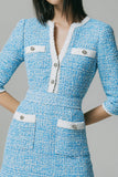Tweed Bodycon V-Neck Short Blue Homecoming Dress with Pockets