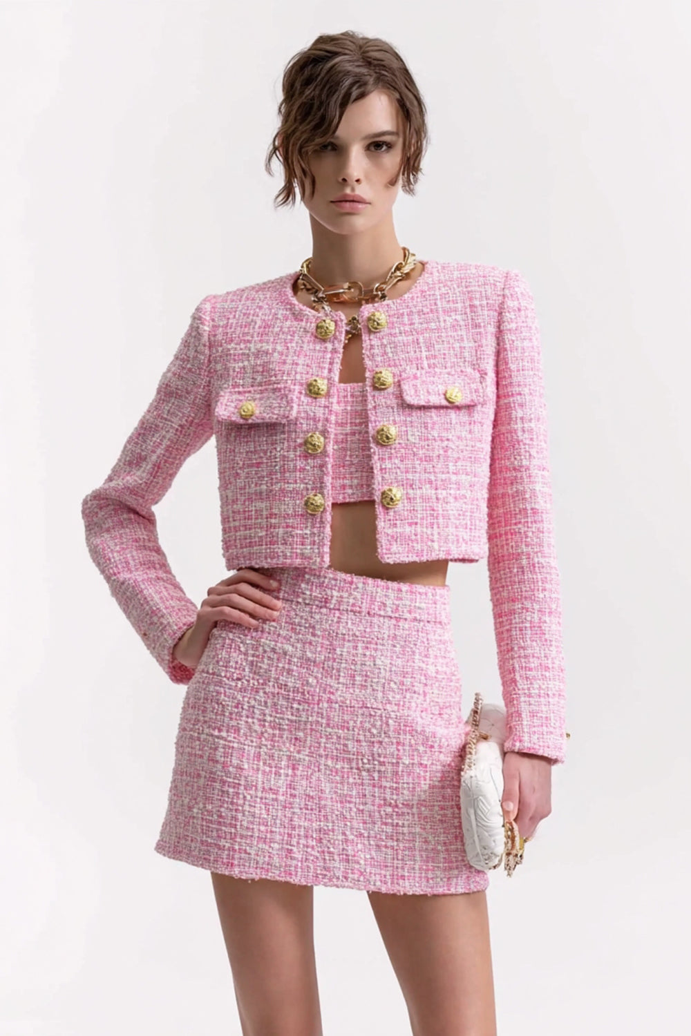 tweed homecoming dress Leely Women Pink and Blue Short Tight Tweed Homecoming Dress with Sleeves Scoop Neck Pageant Interview Dress with Buttons