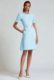 Simple A Line Round Neck Short Blue Pageant Interview Dress with Pockets