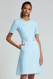 Simple A Line Round Neck Short Blue Pageant Interview Dress with Pockets