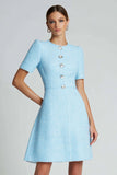 Blue A Line Short Simple Tweed Pageant Interview Dress