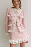 Tweed Bodycon Peter Pan Collar Short Pink Homecoming Outfits with Ruffles
