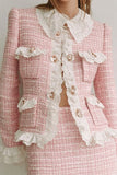 Tweed Bodycon Peter Pan Collar Short Pink Homecoming Outfits with Ruffles