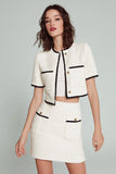 White Short Tweed Bodycon Round Neck Pageant Interview Outfits with Pockets