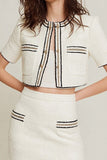 White Round Neck Fitted Tweed Bodycon Pageant Interview Outfits with Pockets