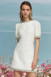 Tweed A Line Round Neck Short White Homecoming Dress