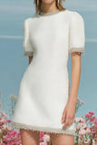 Tweed A Line Round Neck Short White Homecoming Dress