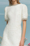 Tweed A Line Round Neck Short White Homecoming Dress
