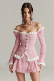Pink A Line Short 2-Piece Tweed Homecoming Outfits with Ruffles