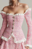 Pink A Line Short 2-Piece Tweed Homecoming Outfits with Ruffles
