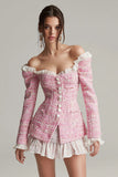 Pink Tweed A Line Off the Shoulder Short Homecoming Outfits with Ruffles