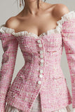Pink Tweed A Line Off the Shoulder Short Homecoming Outfits with Ruffles