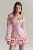 Pink Off the Shoulder 2-Piece Tweed A Line Homecoming Outfits with Ruffles