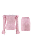 Pink Off the Shoulder 2-Piece Tweed A Line Homecoming Outfits with Ruffles