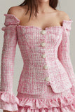 Pink Off the Shoulder 2-Piece Tweed A Line Homecoming Outfits with Ruffles