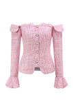 Pink Off the Shoulder 2-Piece Tweed A Line Homecoming Outfits with Ruffles