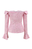 Pink Off the Shoulder 2-Piece Tweed A Line Homecoming Outfits with Ruffles