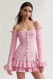 Pink Tweed A Line Short Homecoming Outfits with Ruffles