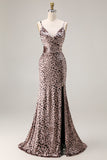 Mermaid Golden Leopard Spaghetti Straps Long Prom Dress with Slit