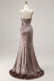 Mermaid Golden Leopard Spaghetti Straps Long Prom Dress with Slit