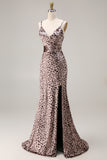Mermaid Golden Leopard Spaghetti Straps Long Prom Dress with Slit