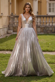 Sparkly Silver A Line Metallic V-Neck Long Holiday Party Dress