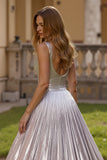 Sparkly Silver A Line Metallic V-Neck Long Holiday Party Dress