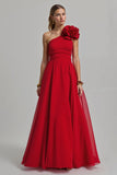 Red Floral A Line One Shoulder Long Holiday Party Dress