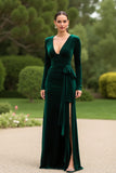 Dark Green V-Neck Sheath Velvet Long Holiday Party Dress With Slit