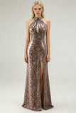 Glitter Golden Leopard Mermaid Halter Long Prom Dress with Slit