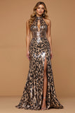 Golden Leopard Metallic Mermaid Halter Holiday Dress