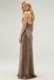 Glitter Golden Leopard Mermaid Halter Long Prom Dress with Slit