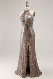Glitter Golden Leopard Mermaid Halter Long Prom Dress with Slit