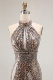 Glitter Golden Leopard Mermaid Halter Long Prom Dress with Slit