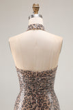 Glitter Golden Leopard Mermaid Halter Long Prom Dress with Slit