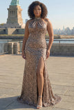 Halter Mermaid Golden Leopard Sequins Long Plus Size Prom Dress with Slit