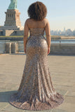 Halter Mermaid Golden Leopard Sequins Long Plus Size Prom Dress with Slit