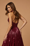Burgundy Halter A Line Metallic Holiday Dress