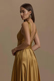 Golden V-Neck Satin Backless Long Holiday Party Dress