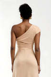 Champagne One Shoulder Sheath Long Bridesmaid Dress With Sleeves