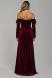 Burgundy Off The Shoulder Velvet Long Holiday Party Dress With Slit