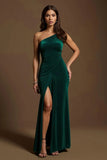 Dark Green One Shoulder Mermaid Holiday Party Dress With Slit
