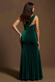 Dark Green Velvet One Shoulder Mermaid Long Holiday Party Dress With Slit