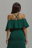 Dark Green Pleated Halter Long Holiday Party Dress With Ruffles