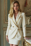 White Notched Lapel 2 Piece Buttons Short Work Dress