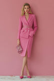 Fuchsia 2 Piece Peak Lapel Midi Work Dress with Pockets
