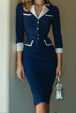 Navy Pencil 2 Piece Notched Lapel Midi Work Dress